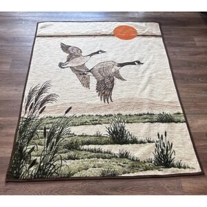 Vintage Biederlack Reversible Blanket Geese Sunset USA 73x 56 Cattail Hunting